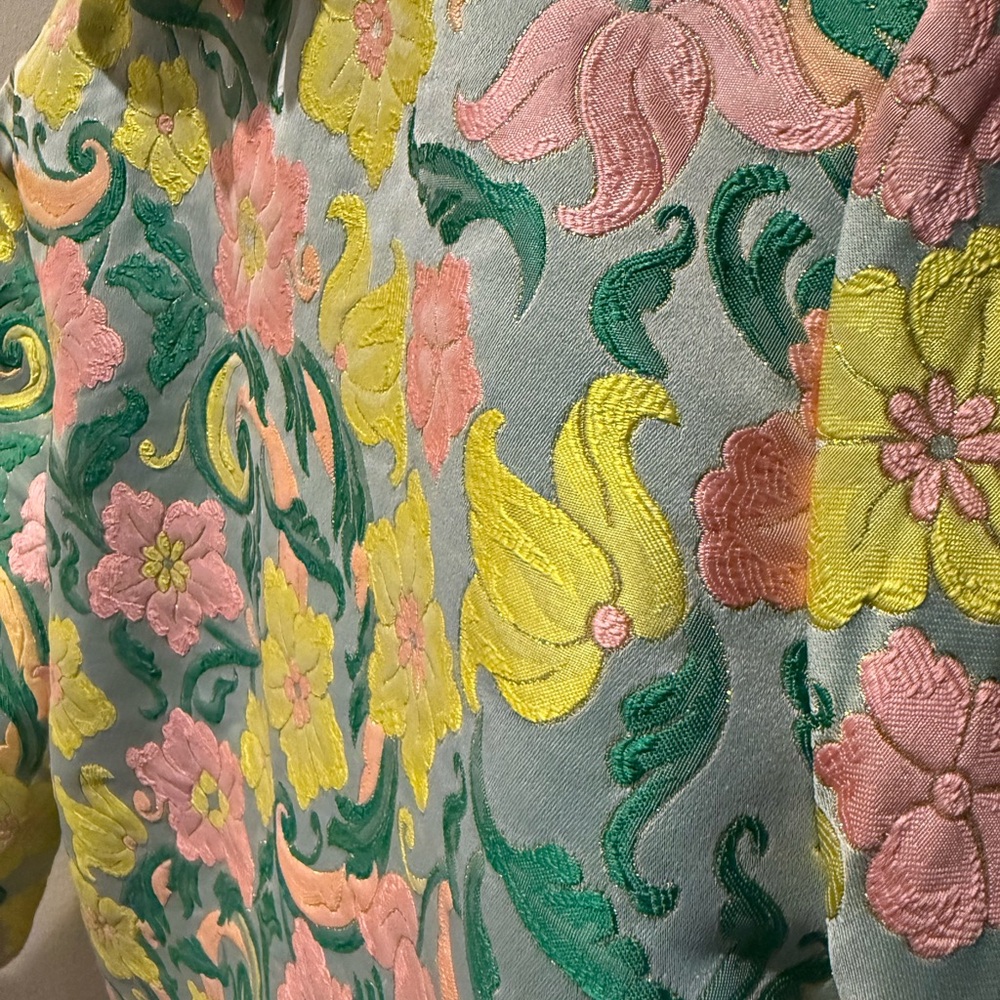Floral Brocade Puff-Sleeve Mini Dress in Pastel Yellow & Pink - Picture 4 of 8